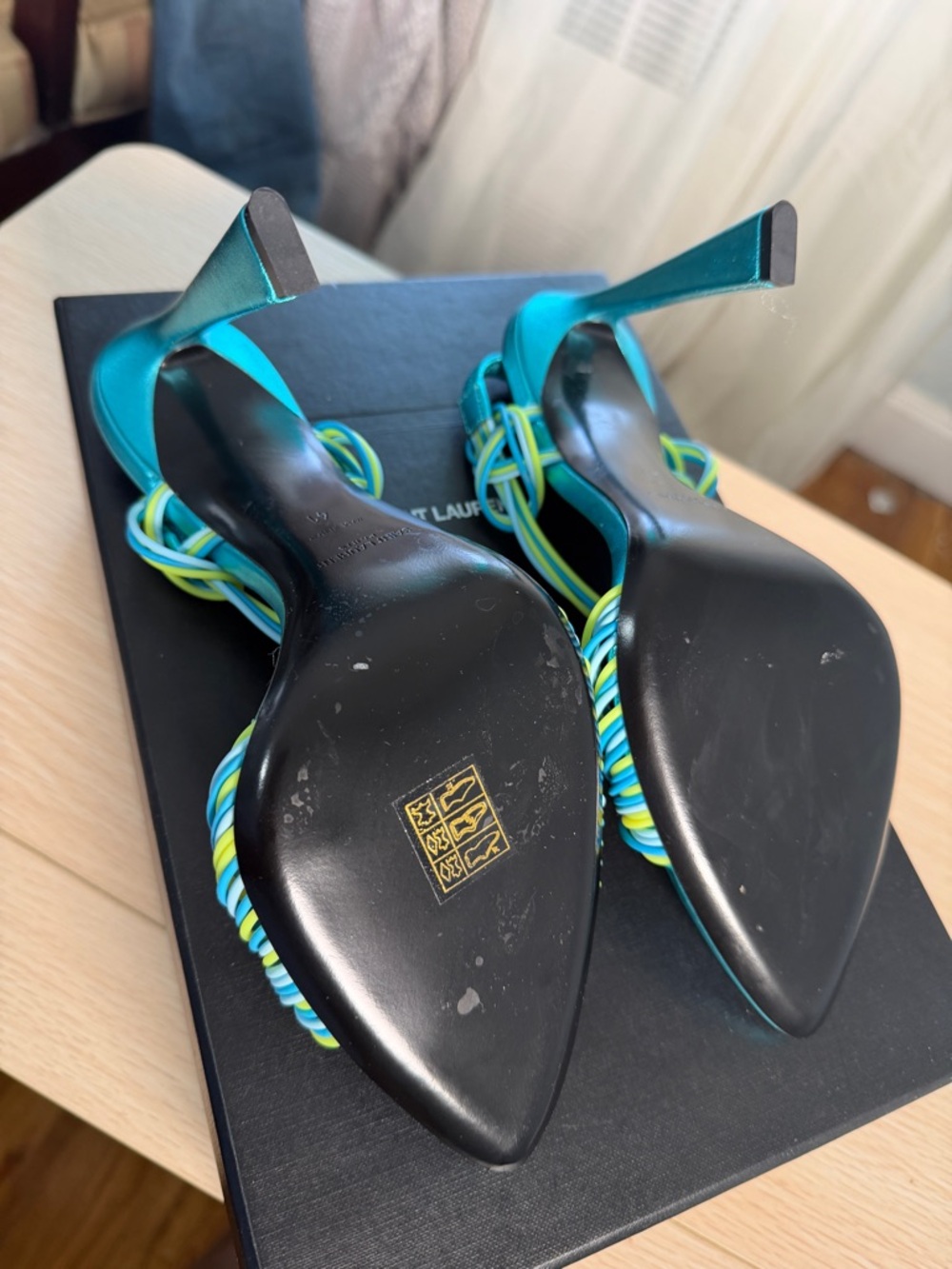 Saint Laurent Teal Sandal with Yellow & Blue Braided Straps - Picture 6 of 8